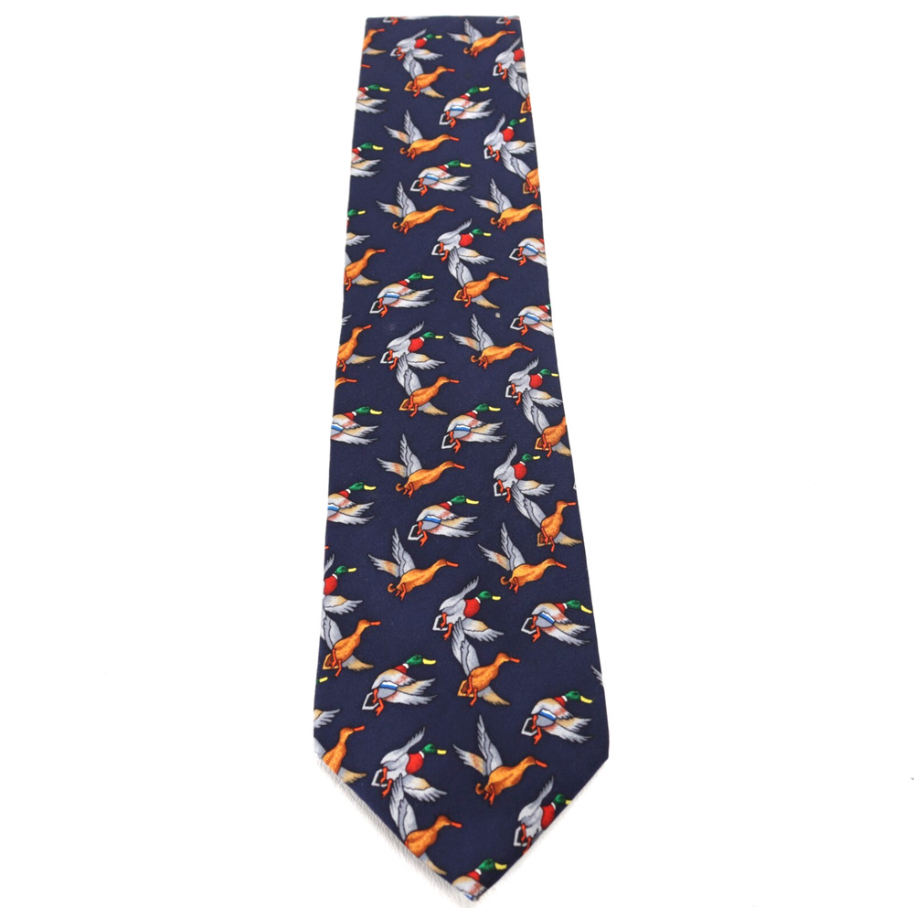 Vtg Allyn Mallard Drake and Hen Tie Mens 58 in Silk Blue Flying Ducks Wide